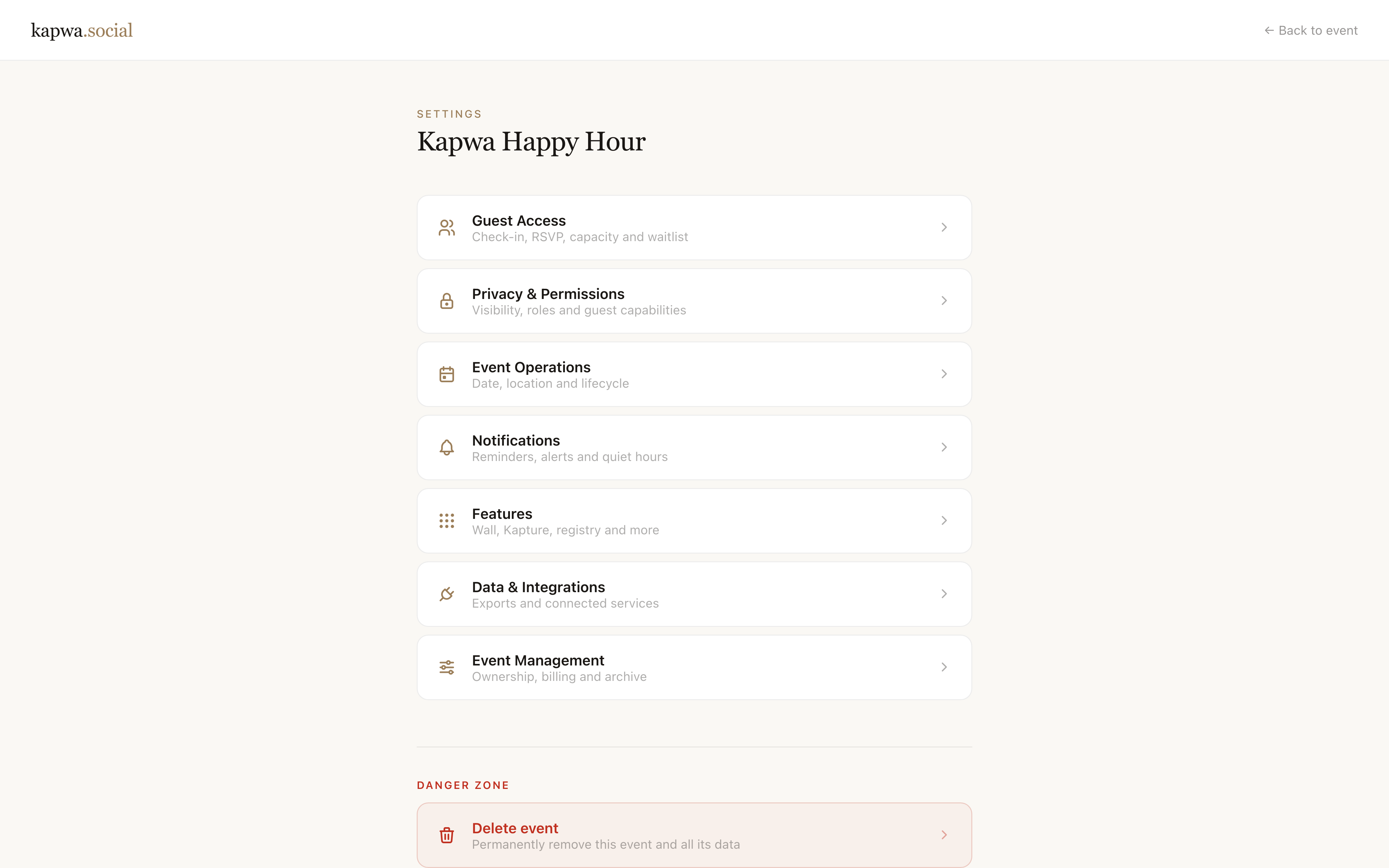 Event settings page showing the guest theme section with color controls for primary accent, header background, and page background